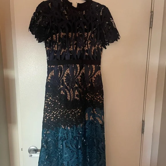 Lace Midi Dress in Navy and Teal - Picture 3 of 4
